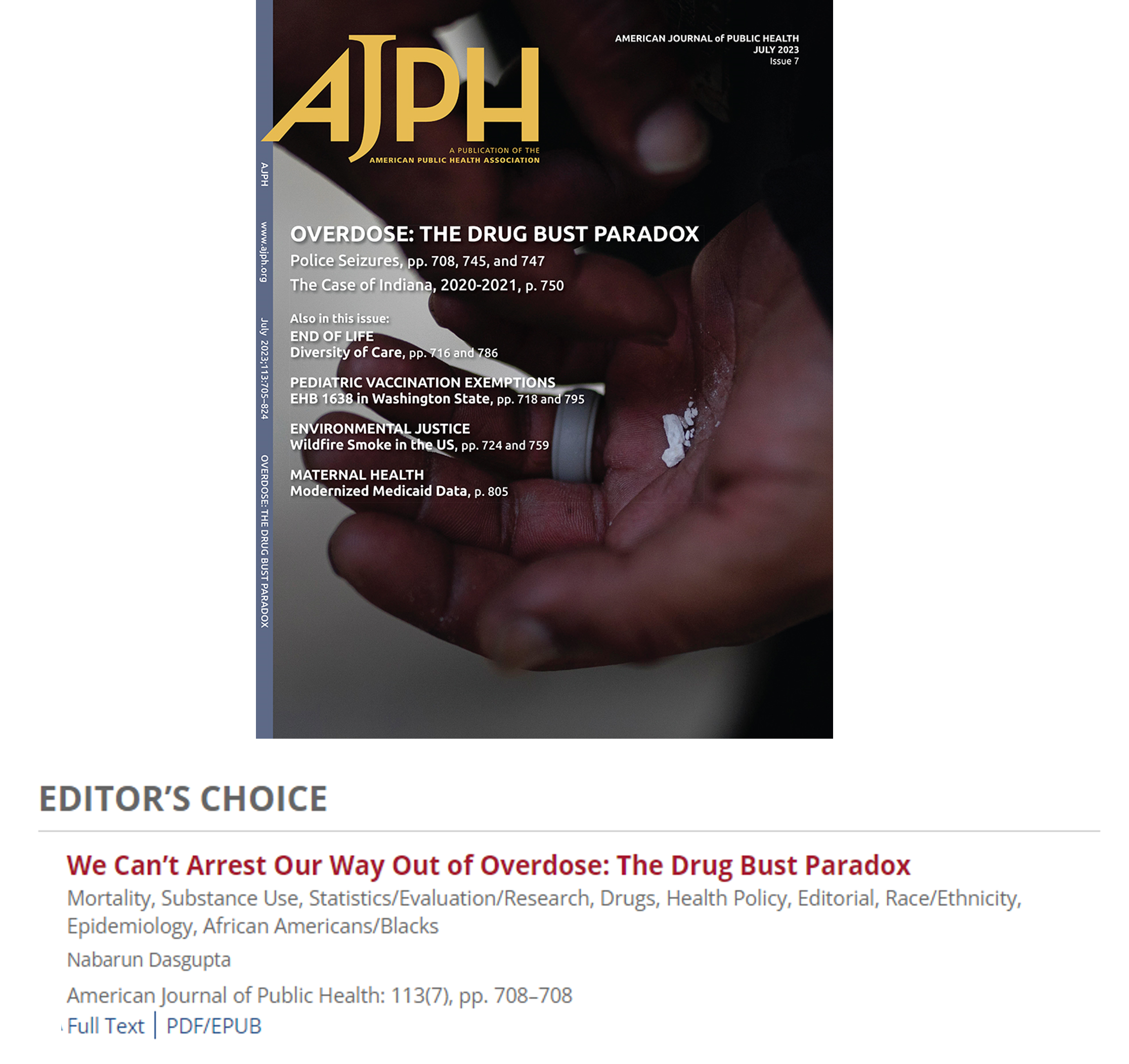 Image showing the coer of American Journal of Public Health magazine Overdose: The Drug Bust Paradox
