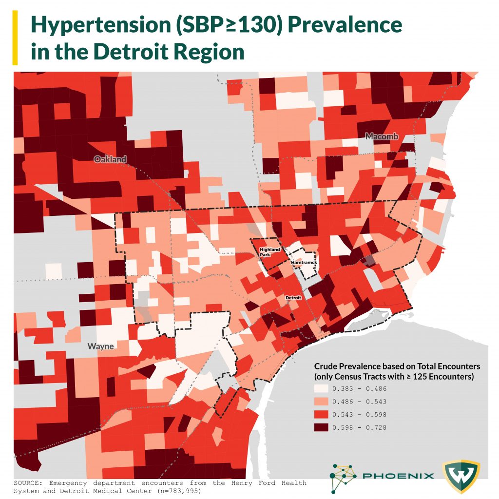 Map of the Detroit area's hypertension prevalence based on the emergency department encounters from the Henry Forld Health System and the Detroit Medical Center.